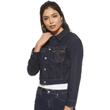 $118 Calvin Klein women's Cropped Omega Trucker Jacket, Rinse Triple Needle M