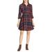 Women's Plaid Button Up Point Collar Fit Tunic Long Sleeve Turndown Collar Dress