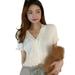 2020 Summer Ruffles Knitted T-shirt Fashion Sexy Slim V-neck Crop Tops Short Sleeved Solid Color Cardigan For Women