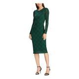 RALPH LAUREN Womens Green Embroidered Lace Long Sleeve Jewel Neck Above The Knee Sheath Wear To Work Dress Size 8