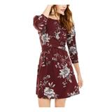 BEBOP Womens Burgundy Twist Front Floral 3/4 Sleeve Jewel Neck Short Fit + Flare Dress Size L