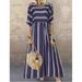 Women's Plus Size Pullover Temperament Commute Mid-Sleeve Fishtail Cotton High Waist Dress Striped Mid-Waist Dress
