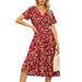JustVH Women's Bohemian V-Neck Floral Print Elastic Waist Short Sleeve Chiffon Midi Dress