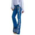 Fashion Denim Flare Pants Women Retro Embroidered Floral Jeans Wide Leg Trousers Lady Casual Bell-Bottoms Flare Pant Female