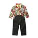 Little Boys Gentleman Outfits Long Sleeve Floral Printed Button Down Shirts with Lace Bow Tie + Suspenders Denim Jeans Pants Toddler Boy Clothes Set