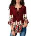 Women's Shirts Casual Blouse Long Sleeve Ruffle Button Up Tunic Tops Solid Color Fit Flare Ladies Floral Print V Neck Long Sleeve Shirts Tops Casual Loose Boho Blouses