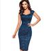 AngelBee Women Lace Print Sleeveless V Neck Slim Wrap Midi Pencil Dress (Blue M)