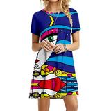 MAWCLOS Summer Holiday Fashion Tunic Dress Casual Fit Round Neck T Shirt Skate Dress Abstract print Vacation Flowy Shift Dresses Blue L