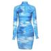 Print Mock Neck Bodycon Midi Dress Women 2020 Casual High Street Long Sleeve Ruched Slim Zipper Club Party Dress