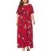 Women Floral Print Short Sleeve Long Maxi Dress Ladies Summer Casual Holiday Dresses Plus Size XL-5XL Yellow/Red