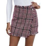 Luiryare Women Casual Plaid Mini Skirt,Mid-Waist Above Knee Raw Hem Wrap Tweed Short Skirt