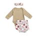 Binpure Baby Girl Romper Summer Shorts Suit Flower Printed O-Neck Long Sleeve Casual 3-Piece Headband