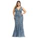 Ever-Pretty Women's V-Neck Embroidered Lace Floor Length Plus Size Mermaid Dress 78862 Dusty Blue US18