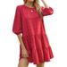 HUBERY Women Heart Printed Ruffled Hem Back Keyhole Crew Neck 3/4 Sleeves Mini Dress