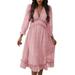 UKAP Women Sexy V Neck Long Sleeve Sundress Floral Printed Empire Waist Swing Dresses Size S-XL Pink XL