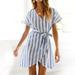 Women's Striped A-line Lace Up Ruffled V-neck Sashes Short Sleeve Mini Dresses