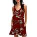 Sexy Dance Women Sleeveless V Neck Floral Printed Tunic Tops Casual Swing Tee Shirt Dress Ladies Women Summer Beach Cover Ups Wine Red S