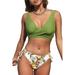 Women's Solid Top Floral Print Bottom Two Piece Bikini Swimsuit Set Lace Up Swimwear Seaselfie by Cupshe