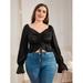 Woman's Plus Size Bell Sleeve Ruched Drawstring Front Satin Peplum Top