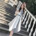 Women Asymmetrical Color Matching Dress Stripes V-Neck Lapel Lace Casual Sweet High Waist Shirt Commuter Dress