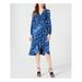 CALVIN KLEIN Womens Blue Floral Long Sleeve V Neck Below The Knee Fit + Flare Dress Size 8