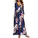 Women's Boho Sundress Casual Maxi Dress Deep V Neck Wrap Pleated Long Sleeve Plain Floral Leopard Printed Swing Dress With Pockets
