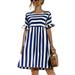 Sexy Dance Summer Swing Dress for Fashion Women Short Sleeve Round Neck Stripe Printed Stitching Swing Dresses Navy Blue S=US 4-6