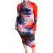 AngelBee Women Tie Dye Print Slim Dress Long Sleeve Club Midi Dresses (Red 2XL)