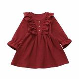 Toddler Kids Baby Girl Cotton Linen Party Casual Dress Long Sleeve Clothes Solid Sundress 1-6T Baby Spring Autumn Clothing