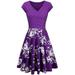 Women Floral Print Casual Loose Pleated Swing Dress Ladies Short Sleeve V-Neck Midi Dress Ladies Party Cocktail Prom Gown