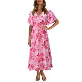 Summer Casual Floral Print Midi Dress for Women Short Sleeve Wrap Dress Bohemian Beach Sundress