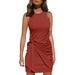 Sexy Dance Women 2021 Casual Sleeveless Party Bodycon Dress Summer Solid Color Slim Dress with Tie Belt Red L(US 12-14)