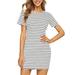 Niuer Women Basic T Shirt Dress Short Sleeve U Neck Tunic Striped T-Shirt Dress Slim Fit Leisure Lounge Dresses White L(US 10-12)