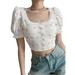 Bebiullo Women Summer Floral Puff Short Sleeve U-shaped Neck Button Crop Top