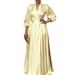 Women's Puff Sleeve V Neck Skill Satin Long Evening Dress Elegant Pleated Maxi Dress