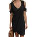 JustVH Women's Round Neck Cold Shoulder Dress Solid Knotted Casual Dress