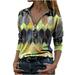 Aimik Women Lapel Geometric Print Long Sleeve Zipper Top Casual Blouse T-shirt Summer Party Clothes Tunic