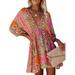 LilyLLL Boho Women 3/4 Sleeve V Neck Summer Beach Floral Print Mini Dress