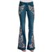 Women Flare Jeans Elastic Waist Bell Bottom Embroidery Floral Denim Pants Ladies Juniors Bell Bottom High Waist Fitted Denim Jeans