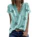 Women's V Neck Short Sleeve Lace Neck T-shirt, Summer Star Blouses Vintage Elegant Tunic Shirt Tops, Green, S