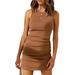 Sexy Dance Women Crew Neck Sleeveless Stretch Bodycon Tank Dress Ruched Slim Fit Ruched Stretchy Party Club Short Mini Dress