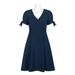 London Times V-Neck Short Sleeve A-Line Zipper Back Solid Crepe Dress-NAVY