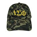Delta Sigma Phi Fraternity Baseball Hat Greek Sports Cap One Size Adjustable Strap Delta Sig (Camo Hat/Yellow Letters)