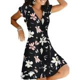 Women's Summer Plus Size V Neck Mini Dress Short Sleeve Lily Print Floral Beach Sundress