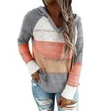 Winnereco Women Knitted Hooded Sweater Stripe Patchwork V Neck Pullover (Orange XL)