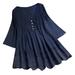 Bseka Women Casual Solid Color Loose Plus Size 3/4 Sleeve Scoop Neck Ruffled Button Comfy Vintage Dress Pleated Swing Dresses