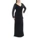 ALEX EVENINGS Womens Black Rhinestone Lace Long Sleeve V Neck Full Length Faux Wrap Formal Dress Size 12