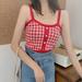 HOT SALE!Spree-Women's Plaid Pattern Knit Crop Top Camisole Cotton Crop Top Slim Bottoming Crop Top