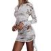 CottonCandy Spring and summer ladies sexy round neck printed ruffled tie long-sleeved dress, printed ruffled tie long-sleeved slim women's casual fashion dress