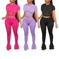 Women's Cropped Top, Trousers Suit, Mesh Elastic Home Gym Ruffle Wear Solid Color Tight Pants